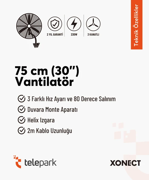 Xonect Profesyonel Sanayi Tipi Vantilatör 75 CM (30 İnç)  Yüksek Performanslı Soğutma  XDF30 - 3
