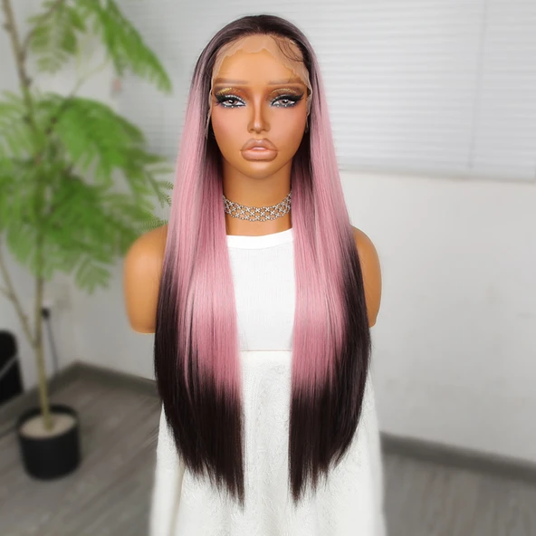 Koyu Kestane Pembe Ombreli Fiber Sentetik Tül Peruk - Resim 2