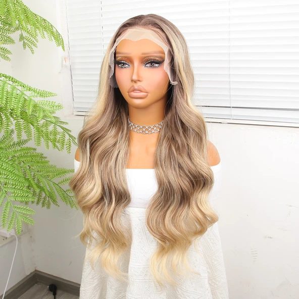 Kumral Dore Sarı Ombre  ve Röfleli Fiber Sentetik Geniş Dalgalı Tül Peruk - Resim 4