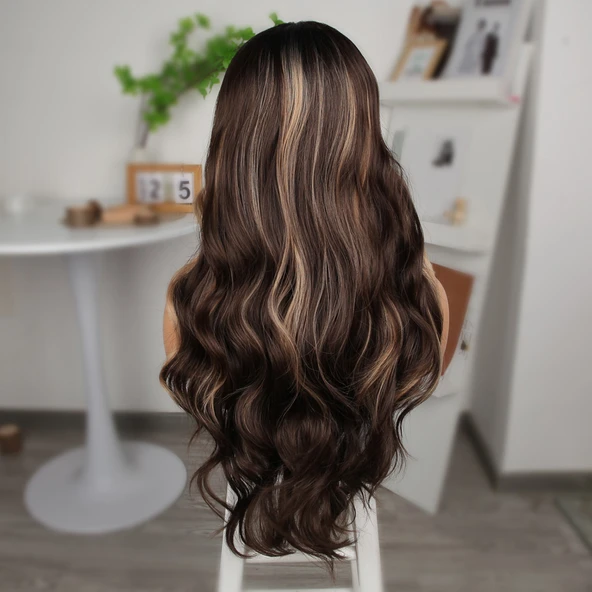 Koyu Kestane Balköpüğü Işıltılı Fiber Sentetik Geniş Dalgalı Tül Peruk - Resim 5