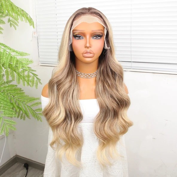 Kumral Dore Sarı Ombre  ve Röfleli Fiber Sentetik Geniş Dalgalı Tül Peruk - Resim 2