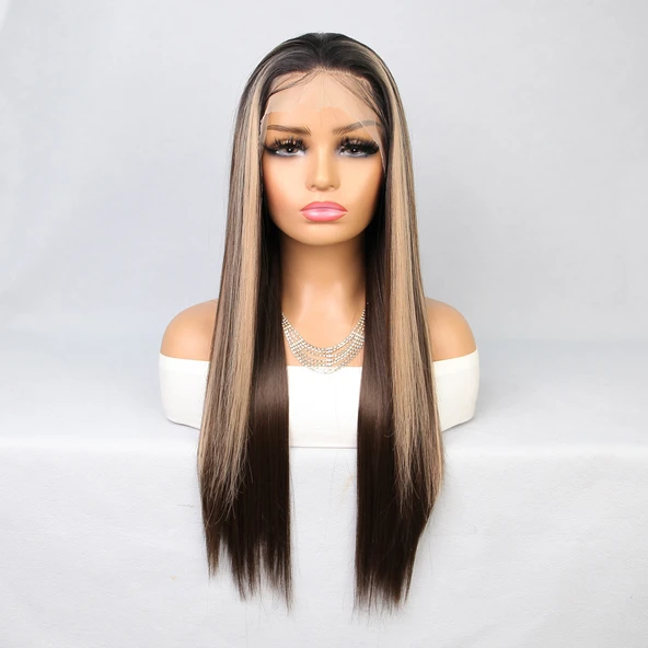 Kahverengi Balköpüğü Işıltılı Fiber Sentetik Düz Tül Peruk - Resim 2