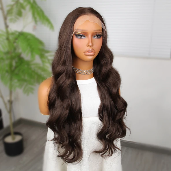 Koyu Kumral Dalgalı Fiber Sentetik Tül Peruk - Resim 3