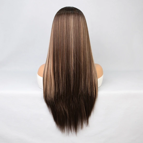 Kahverengi Balköpüğü Işıltılı Fiber Sentetik Düz Tül Peruk - Resim 5
