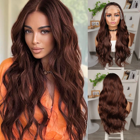 Kahve Karamel Geniş Dalgalı Fiber Sentetik Tül Peruk ürün görseli