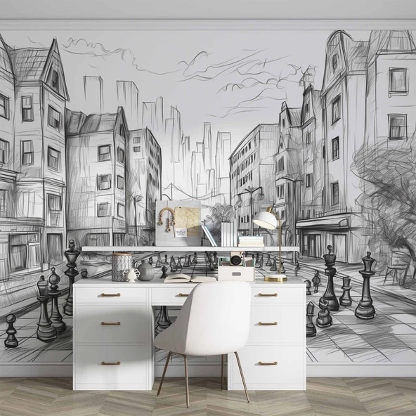 Kara Kalem Santranç ve Sokak Çizim Duvar Kağıdı Baskı - Resim 4