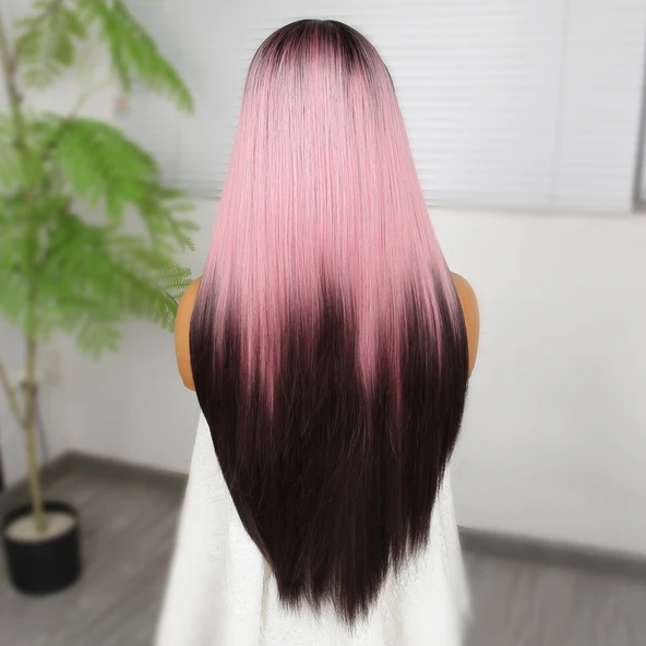 Koyu Kestane Pembe Ombreli Fiber Sentetik Tül Peruk - Resim 5