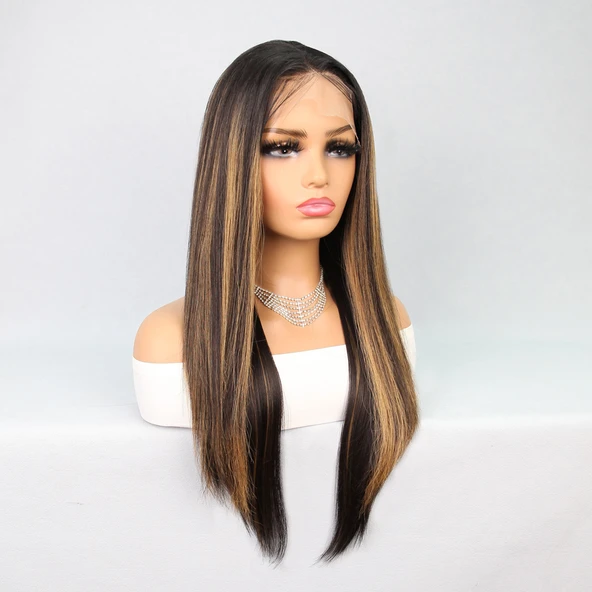 Kahverengi Karamel Işıltılı Fiber Sentetik Düz Tül Peruk - Resim 3