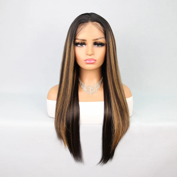 Kahverengi Karamel Işıltılı Fiber Sentetik Düz Tül Peruk - Resim 2