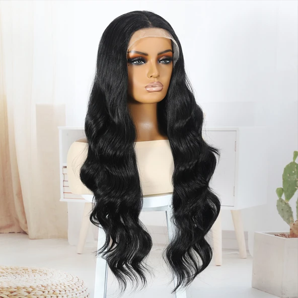 Siyah Fiber Sentetik Su Dalgalı Tül Peruk - Resim 3
