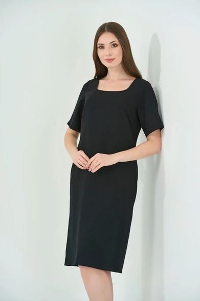 Tolga Saraçoğlu Minimalist Midi Elbise - Kare Yaka, Kısa Kol - Günlük & İş - Resim 4