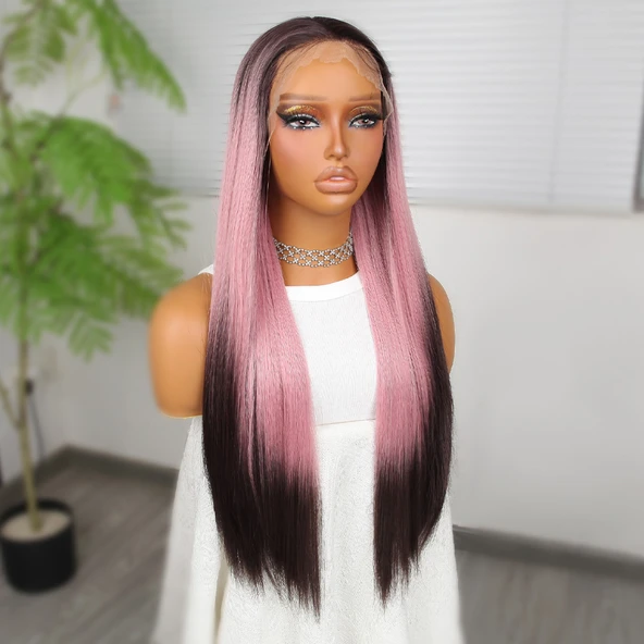 Koyu Kestane Pembe Ombreli Fiber Sentetik Tül Peruk - Resim 3