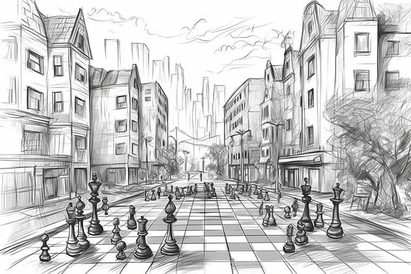 Kara Kalem Santranç ve Sokak Çizim Duvar Kağıdı Baskı - Resim 7