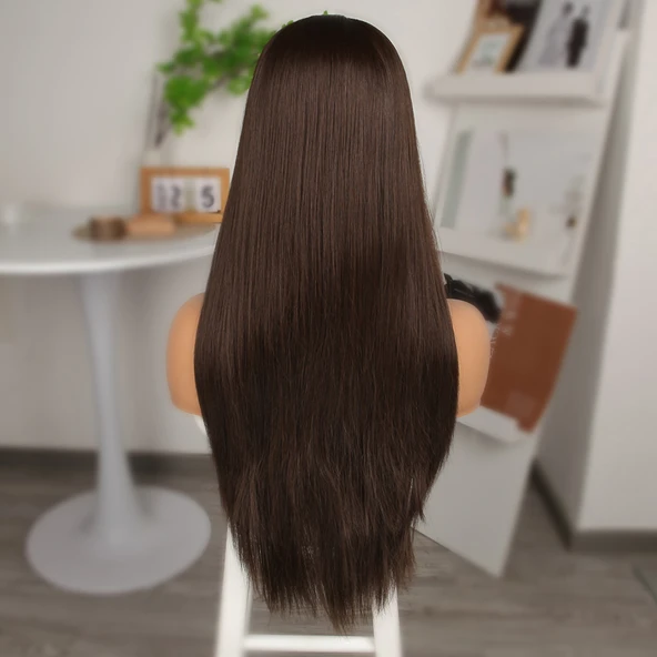 Açık Kahve Fiber Sentetik Düz Tül Peruk - Resim 5