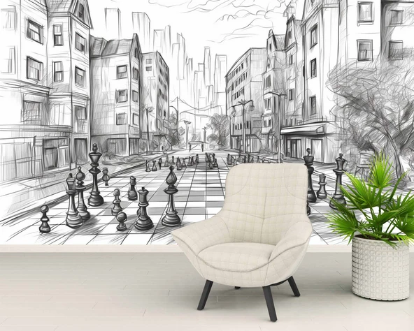 Kara Kalem Santranç ve Sokak Çizim Duvar Kağıdı Baskı - Resim 6
