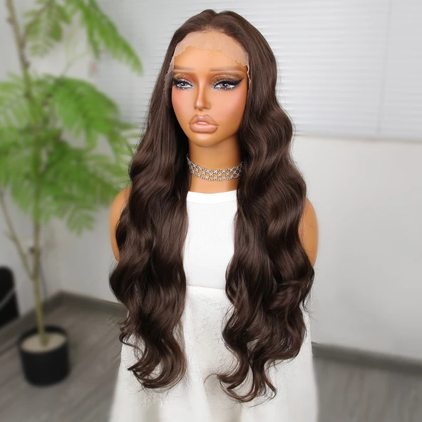 Koyu Kumral Dalgalı Fiber Sentetik Tül Peruk - Resim 4