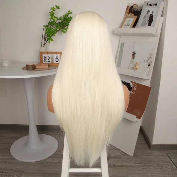 Fiber Sentetik Platin Düz Tül Peruk - Resim 5