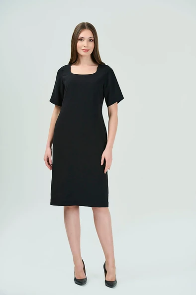 Tolga Saraçoğlu Minimalist Midi Elbise - Kare Yaka, Kısa Kol - Günlük & İş - Resim 2