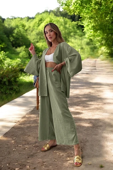 Yazlık Rahat Kimono Keten Takım