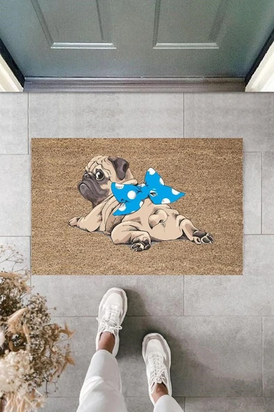 Dijital Baskı Kahverengi Mavi Kurdelili Pug Kapı Paspası K-2107 - 1