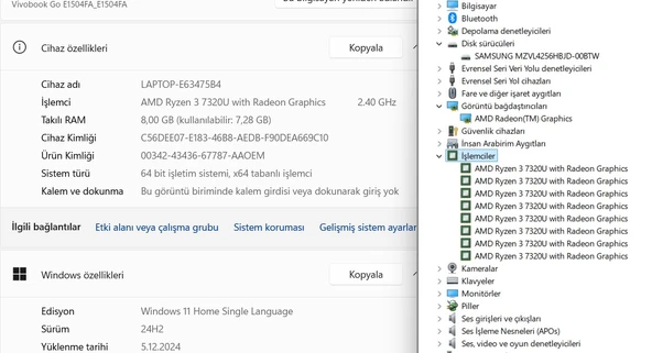 Asus Vivobook Go 15 E1504FA-NJ072W AMD Ryzen 3 7320U 8GB 256GB SSD W11 15.6" FHD (İKİNCİ EL) - 5