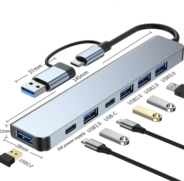Alfalink Alüminyum 7in1 Usb Hub USB/Type-c To USB 3.0 Tak Çalıştır 100W PD Şarj MacBook Air/Pro Uyumlu - 5