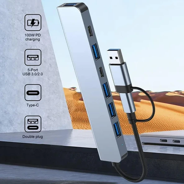 Alfalink Alüminyum 7in1 Usb Hub USB/Type-c To USB 3.0 Tak Çalıştır 100W PD Şarj MacBook Air/Pro Uyumlu - 4