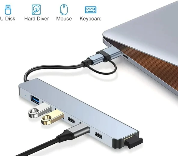 Alfalink Alüminyum 7in1 Usb Hub USB/Type-c To USB 3.0 Tak Çalıştır 100W PD Şarj MacBook Air/Pro Uyumlu - 2