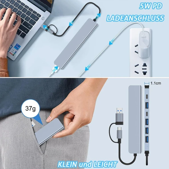 Alfalink Alüminyum 7in1 Usb Hub USB/Type-c To USB 3.0 Tak Çalıştır 100W PD Şarj MacBook Air/Pro Uyumlu - 6