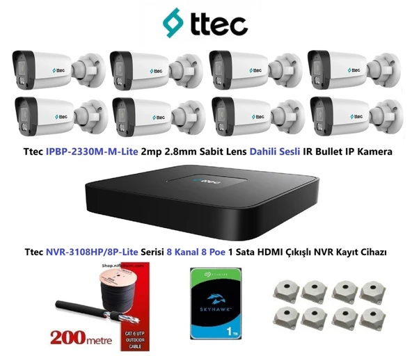 Ttec 2mp Mikrofonlu 8 Kameralı 1TB Disk Tak Çalıştır Hazır IP Kamera Seti ürün görseli 1