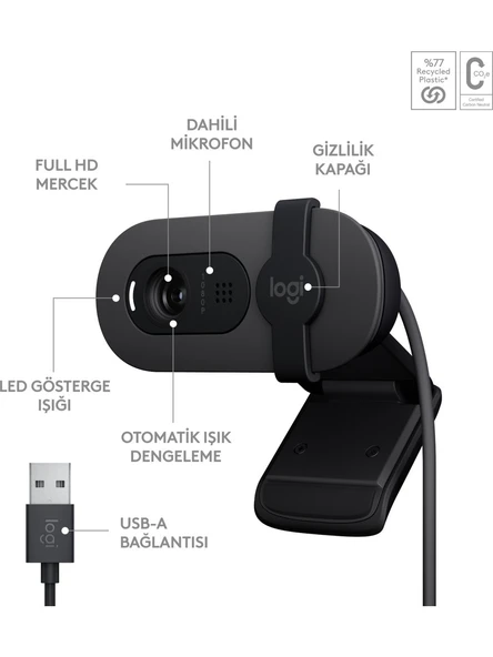 Logitech BRIO 100 Full HD 1080p Gizlilik Kapaklı Mikrofonlu Web Kamerası - Siyah - Resim 3