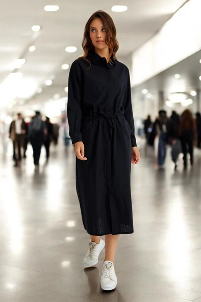 Yazlık Şık Beli Bağcık Detaylı Keten Elbise ürün görseli 1