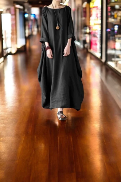 Baharlık Rahat Keten Panço Elbise