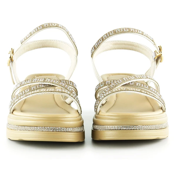 Erkan Saçmacı Bej Saten Altın Kristal Taşlı Platform Sandalet - 3