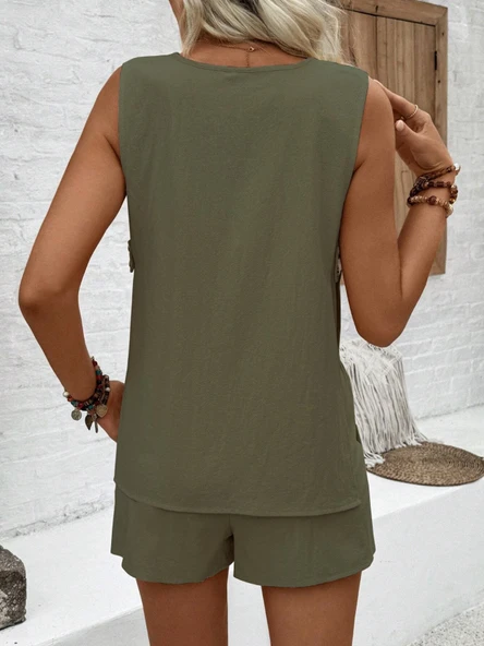 Keten Yazlık Dekolteli Kolsuz Bluz Şort İkili Haki Takım - Resim 3