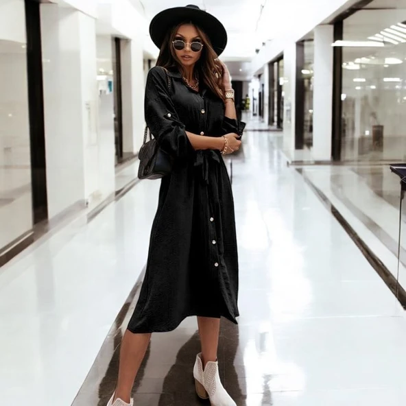 Düğmeli Kemerli Gömlek Yaka Keten Elbise