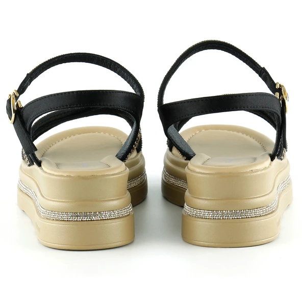 Erkan Saçmacı Siyah Saten Altın Kristal Taşlı Platform Sandalet - 4