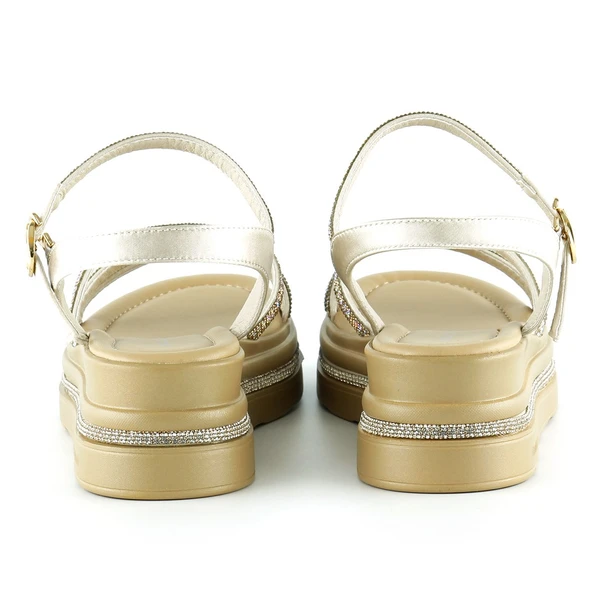 Erkan Saçmacı Bej Saten Altın Kristal Taşlı Platform Sandalet - 4