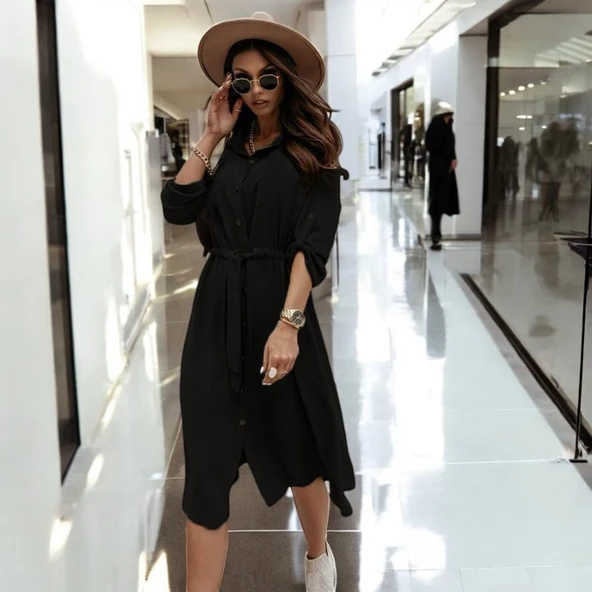 Düğmeli Kemerli Gömlek Yaka Keten Elbise - 2