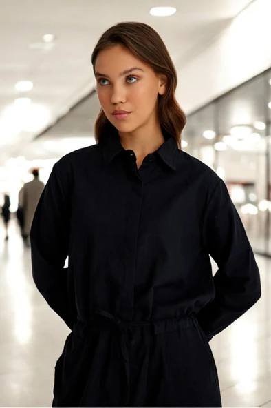 Yazlık Şık Beli Bağcık Detaylı Keten Elbise - 3