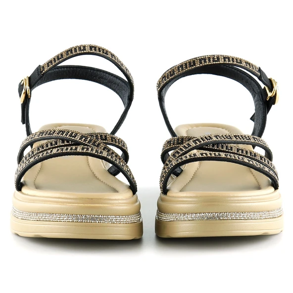 Erkan Saçmacı Siyah Saten Altın Kristal Taşlı Platform Sandalet - 3