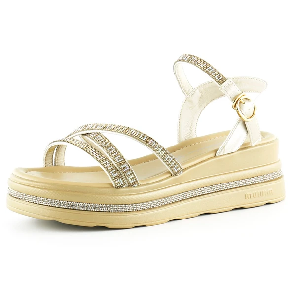 Erkan Saçmacı Bej Saten Altın Kristal Taşlı Platform Sandalet
