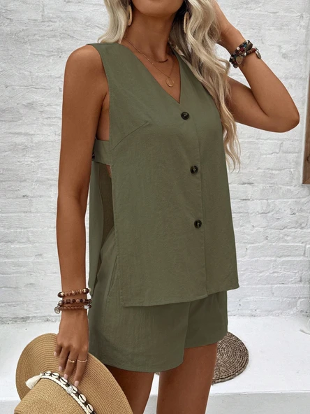 Keten Yazlık Dekolteli Kolsuz Bluz Şort İkili Haki Takım ürün görseli 1