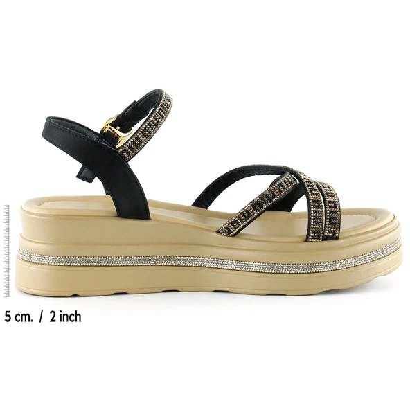 Erkan Saçmacı Siyah Saten Altın Kristal Taşlı Platform Sandalet - 2