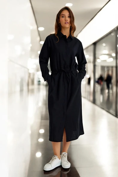 Günlük Beli Bağcıklı Rahat Keten Elbise ürün görseli 1