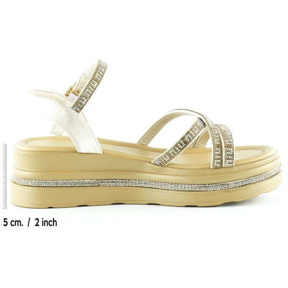Erkan Saçmacı Bej Saten Altın Kristal Taşlı Platform Sandalet - 2