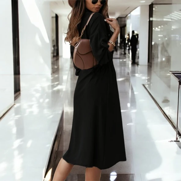 Düğmeli Kemerli Gömlek Yaka Keten Elbise - 3