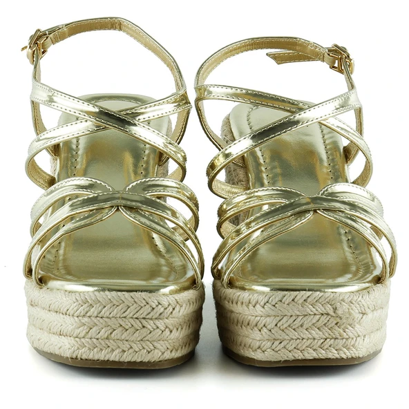 Erkan Saçmacı Altın Rugan Çapraz Bantlı Taşlı Zikzak Örgü Jüt Platform Topuklu Sandalet - 3