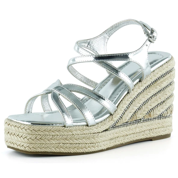 Erkan Saçmacı Gümüş Rugan Çapraz Bantlı Taşlı Zikzak Örgü Jüt Platform Topuklu Sandalet
