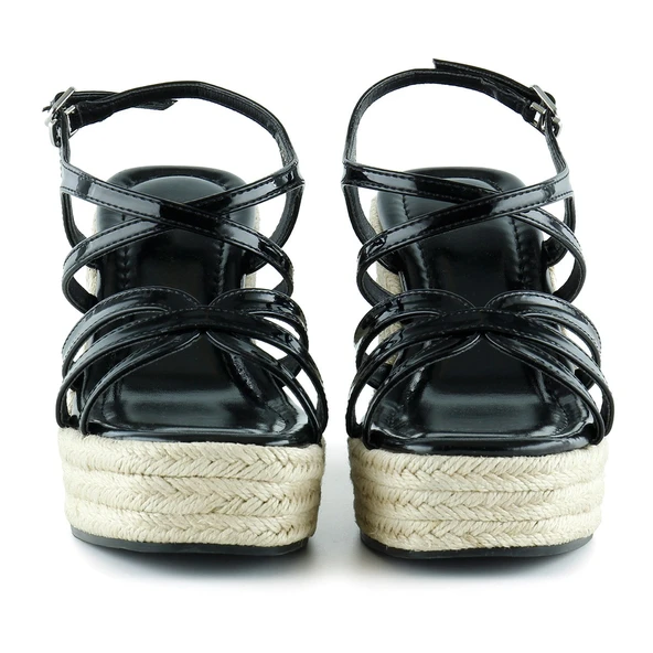 Erkan Saçmacı Siyah Rugan Çapraz Bantlı Taşlı Zikzak Örgü Jüt Platform Topuklu Sandalet - 3